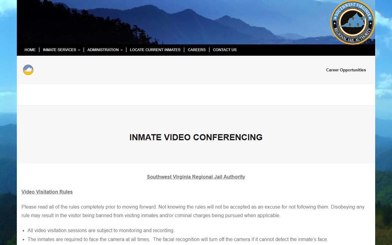 Southwest Virginia Regional Jail Authority Duffield Facility video visitation rules for Scott County inmates